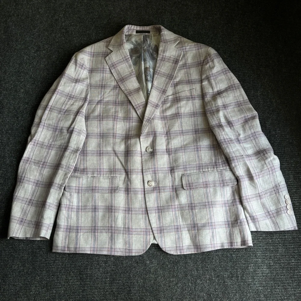 Tallia Orange Mens 44R Linen Plaid Blazer Grey Purple Two Button Sport Coat